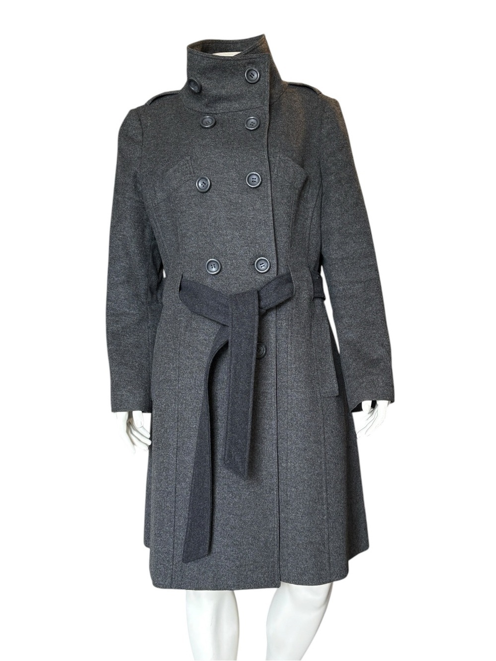 Alice Blue Couture Wool Double-Breasted Belted Coat Size Large Gray Stand Collar